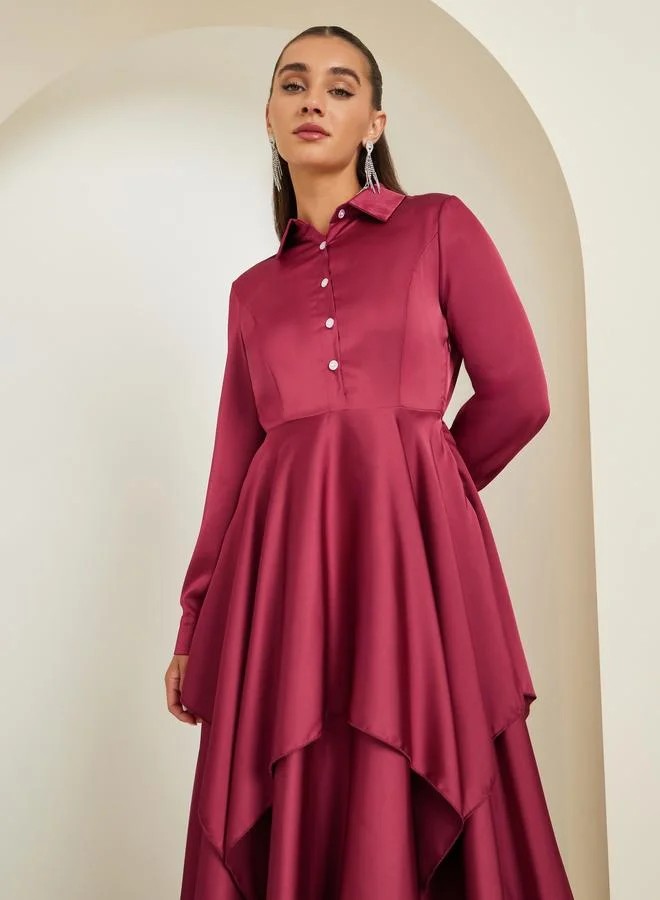 Styli Women Satin Asymmetric Hem Layered Maxi Dress